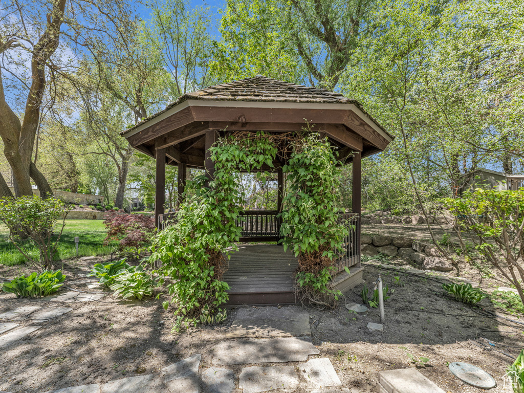 Exterior space featuring a gazebo and a deck