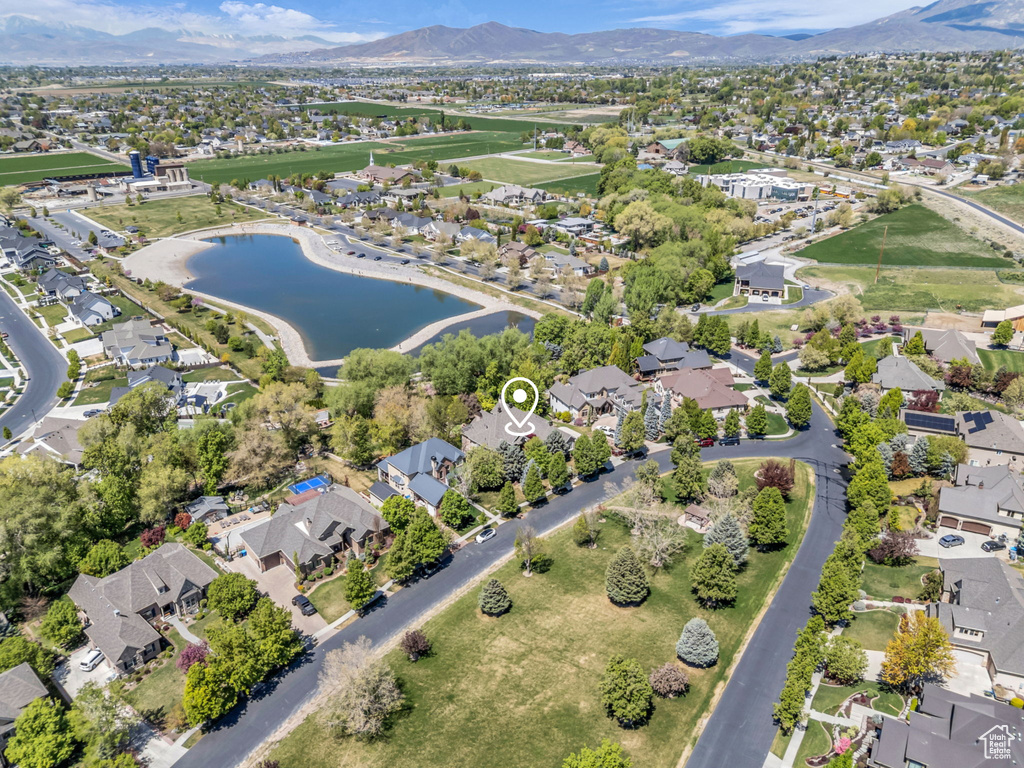 Aerial view with a residential view and a water and mountain view