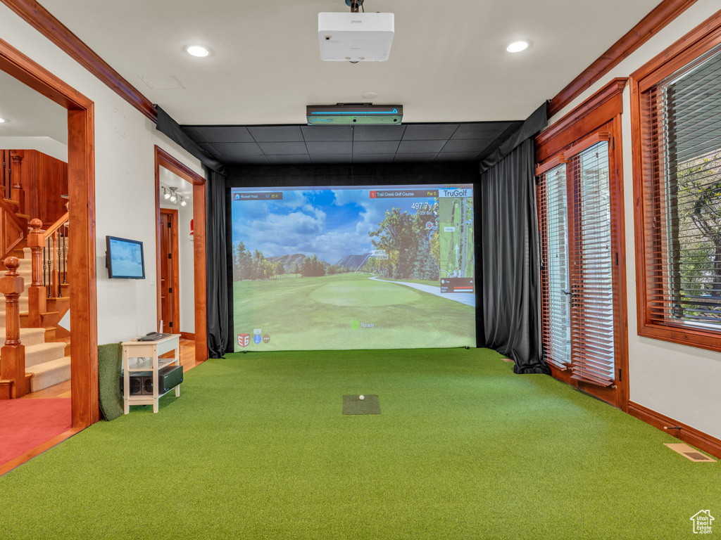 Playroom featuring golf simulator, recessed lighting, carpet, and visible vents