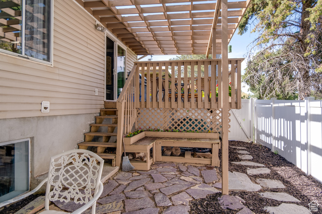 View of patio with a fenced backyard