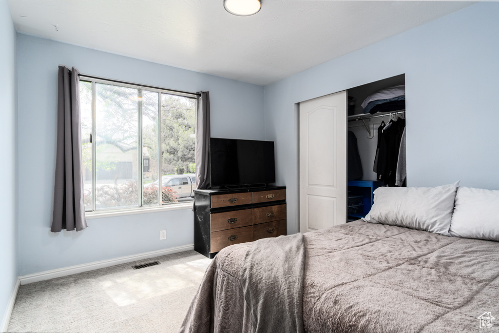 Bedroom with baseboards, multiple windows, carpet, and visible vents