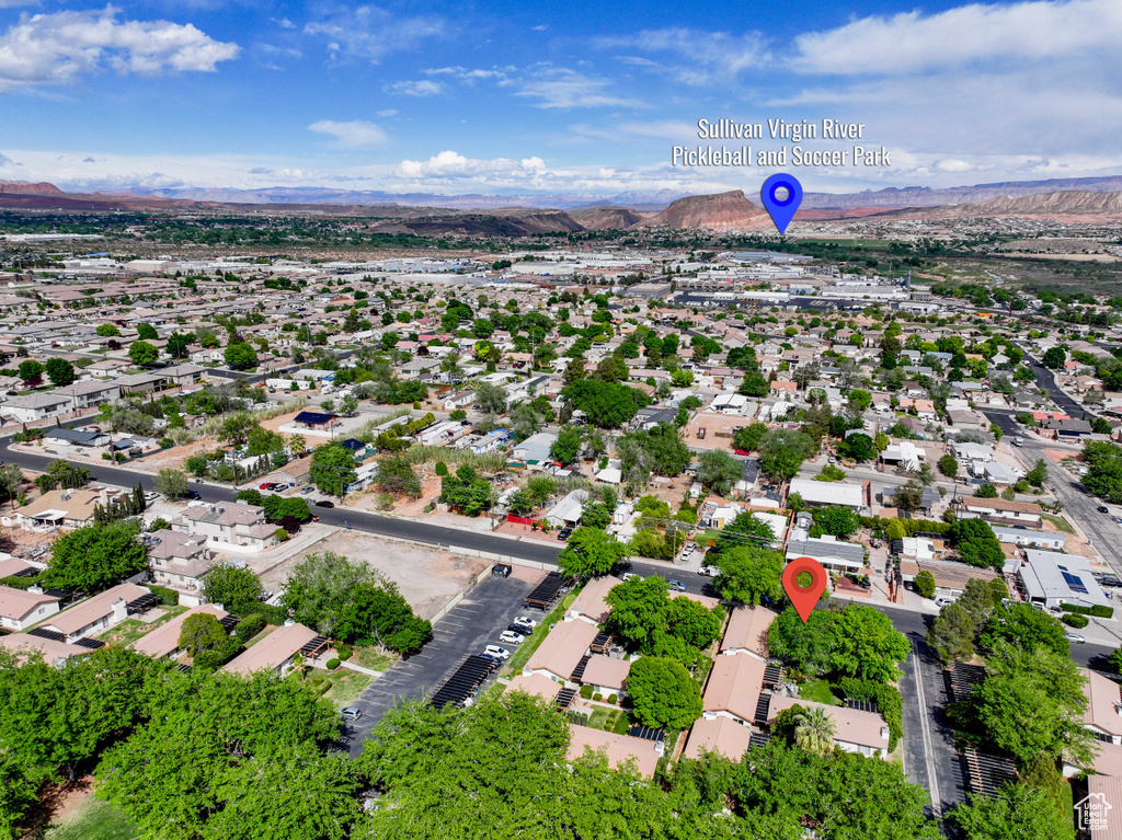 Aerial view featuring a mountain view