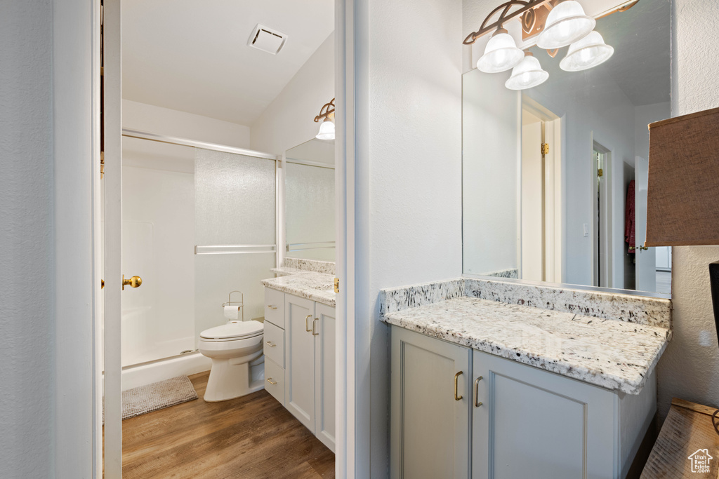 Full bathroom featuring vanity, a stall shower, wood finished floors, and toilet
