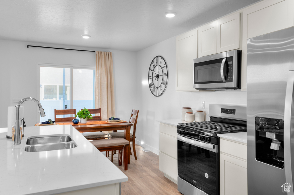 Kitchen with light countertops, appliances with stainless steel finishes, a sink, and light wood-style floors