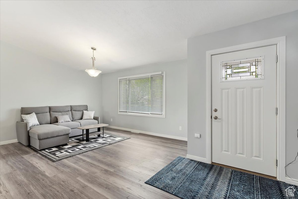 Foyer with baseboards and wood finished floors