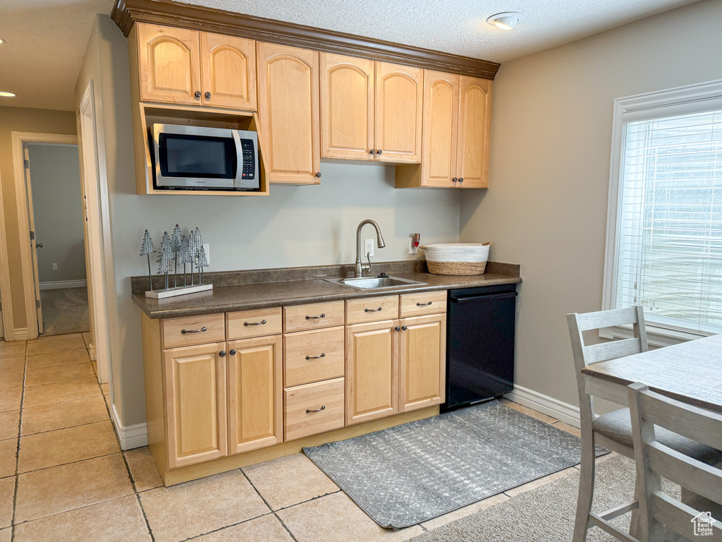 Kitchen featuring a sink, light brown cabinetry, stainless steel microwave, and dishwasher