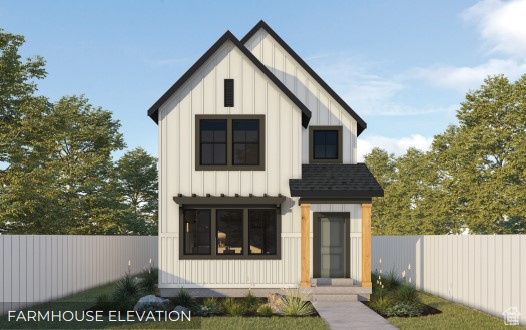 Modern farmhouse style home with fence, board and batten siding, and roof with shingles