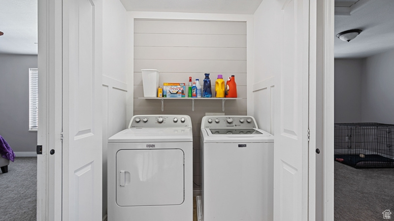 Laundry room with laundry area, carpet, and separate washer and dryer