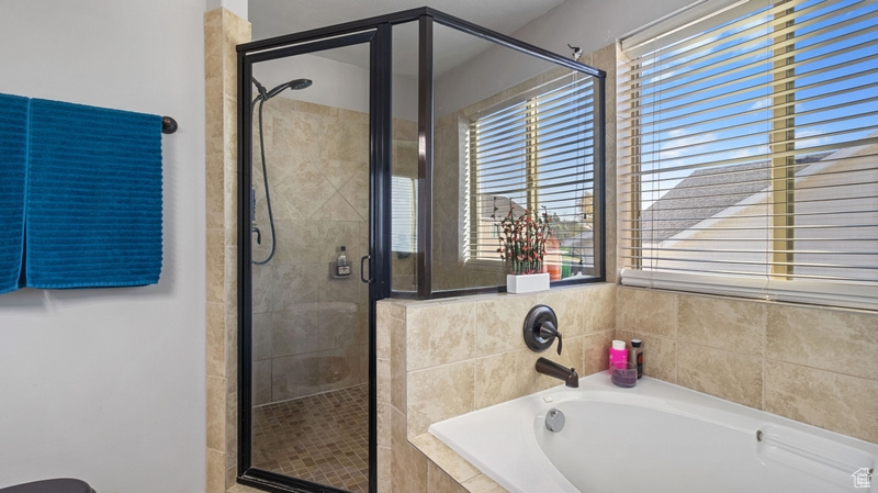 Full bathroom with a shower stall, a healthy amount of sunlight, and a bath