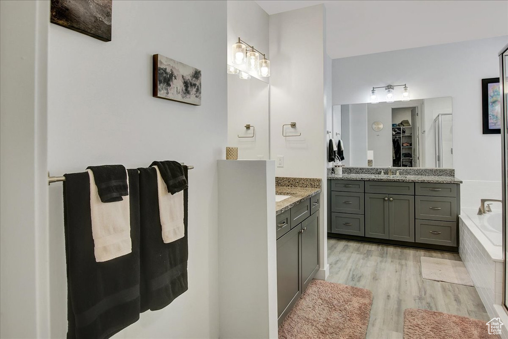 Full bath featuring tiled bath, a sink, two vanities, wood finished floors, and a spacious closet
