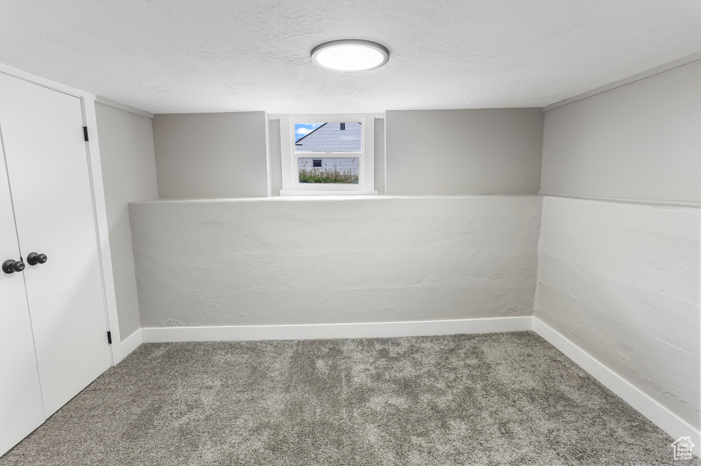 Basement with baseboards, carpet flooring, and a textured ceiling