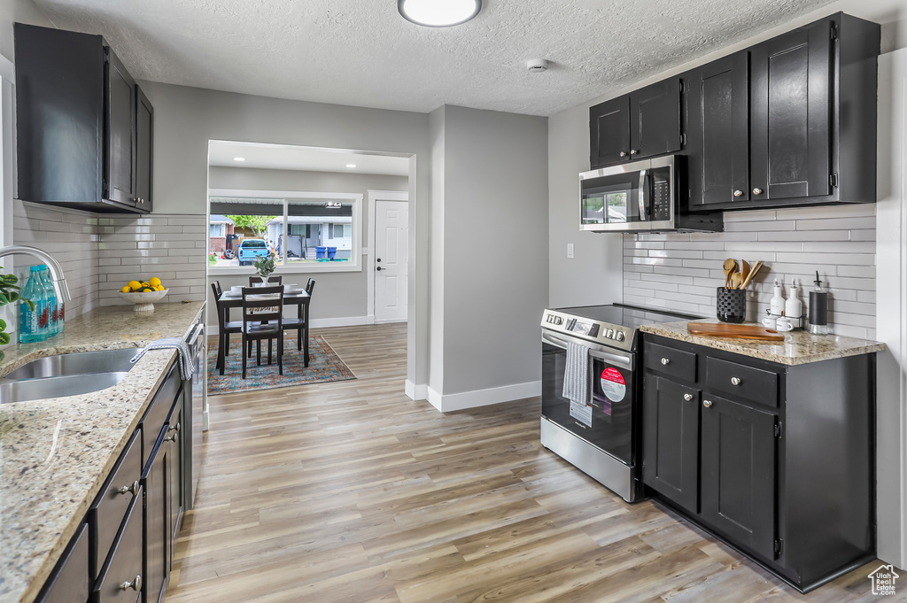 Kitchen featuring dark cabinetry, appliances with stainless steel finishes, a sink, and light wood-type flooring