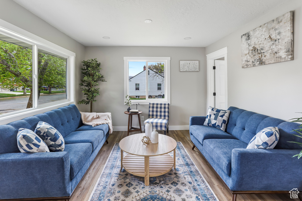 Living area featuring baseboards, recessed lighting, and wood finished floors