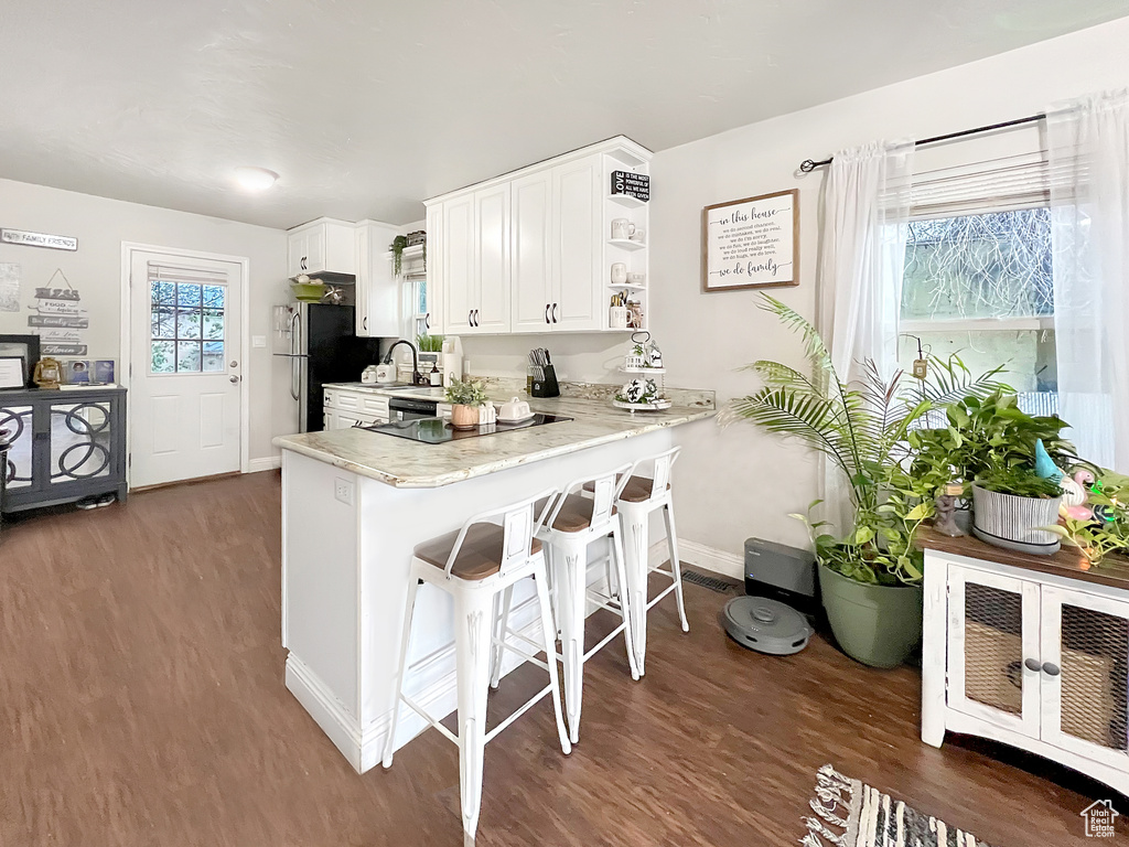 Kitchen with a sink, dark wood finished floors, freestanding refrigerator, baseboards, and a kitchen bar