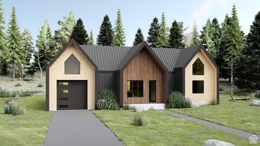 Modern inspired farmhouse with driveway and a front lawn