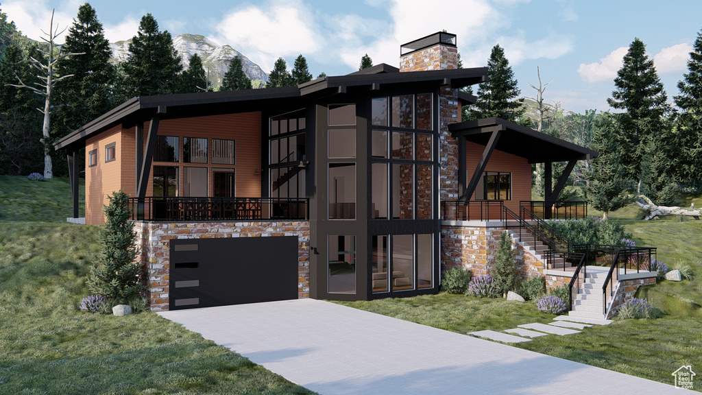 Contemporary home featuring a chimney, a front lawn, driveway, and stairway