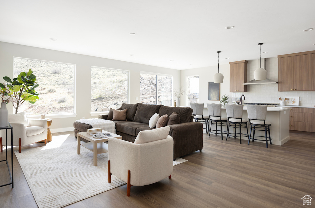 Living room featuring recessed lighting, baseboards, and wood finished floors