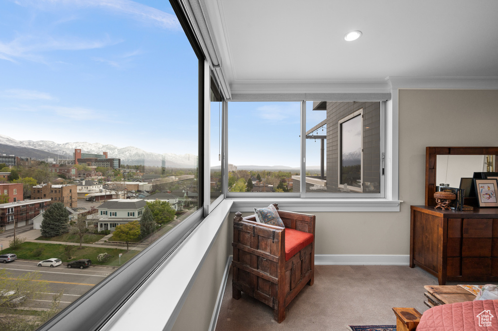 Interior space featuring a mountain view