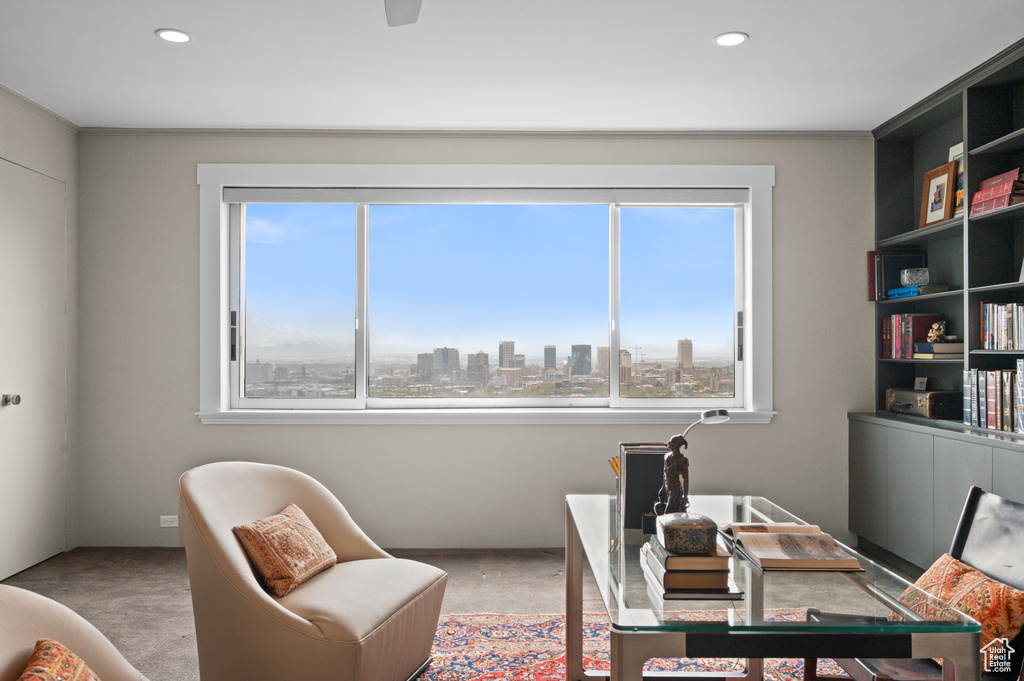 Office with plenty of natural light, recessed lighting, a view of city, and light colored carpet