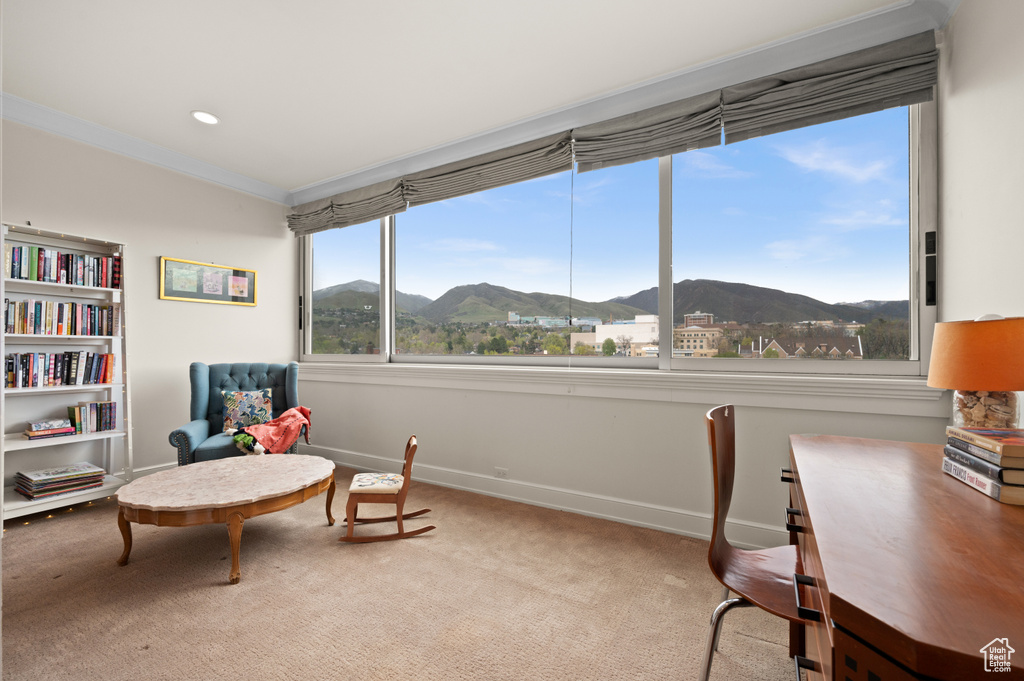 Sitting room featuring crown molding, baseboards, carpet, and a mountain view