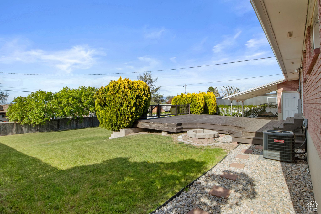 View of yard featuring central air condition unit, a wooden deck, and a fenced backyard