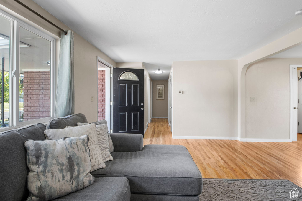 Living area with baseboards, light wood-style flooring, and a wealth of natural light