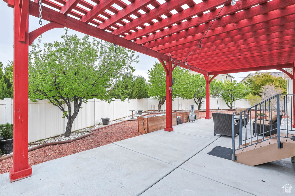 View of patio featuring a fenced backyard and a pergola