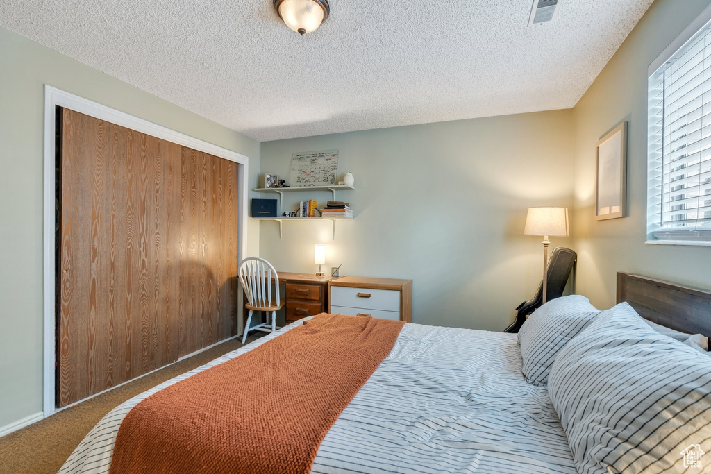 Bedroom with a closet, a textured ceiling, carpet, and visible vents