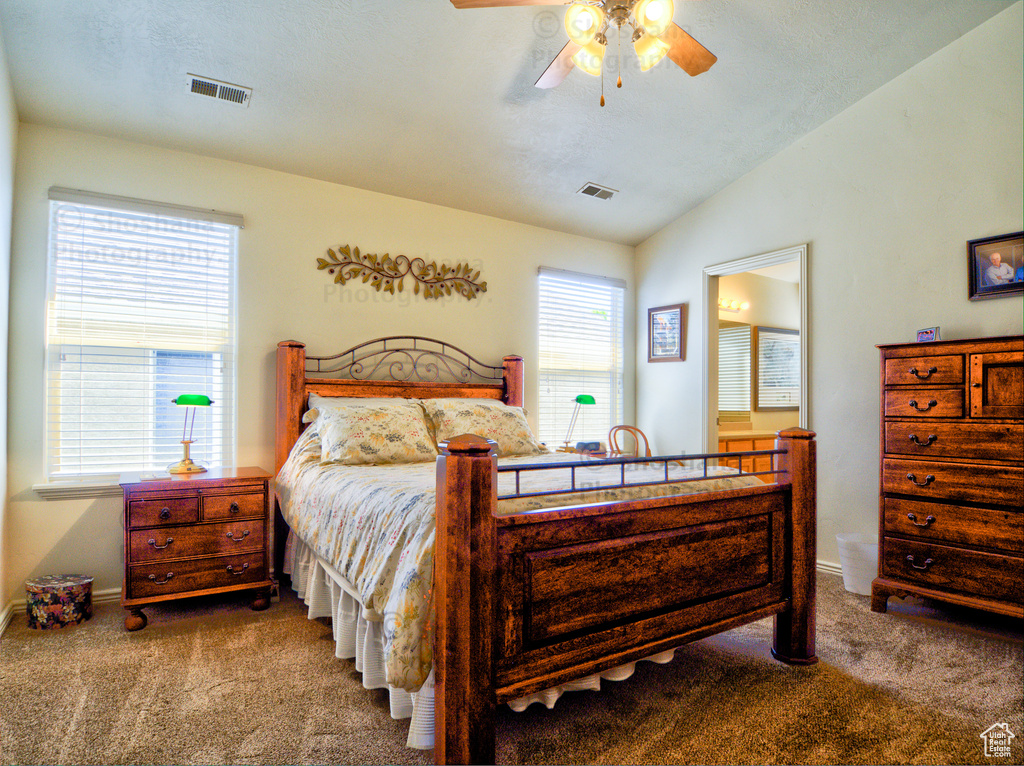 Bedroom featuring carpet flooring, visible vents, and vaulted ceiling