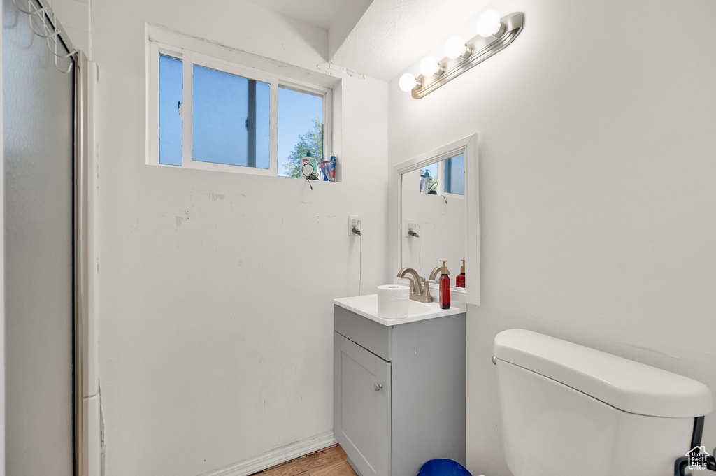 Bathroom featuring vanity, toilet, and wood finished floors