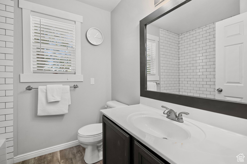 Full bathroom featuring vanity, wood finished floors, a healthy amount of sunlight, and toilet