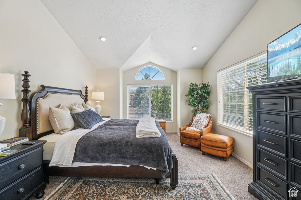Bedroom with carpet flooring and vaulted ceiling