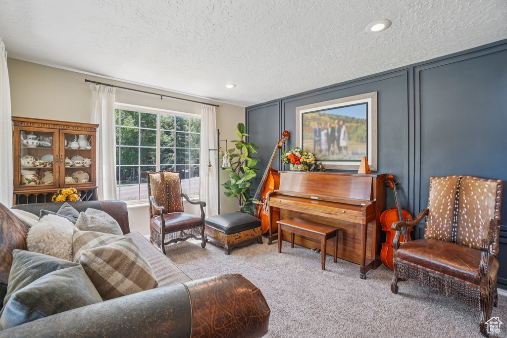Living room with carpet floors, a textured ceiling, and recessed lighting
