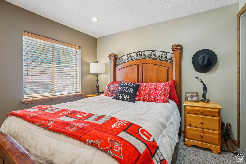 Carpeted bedroom with recessed lighting