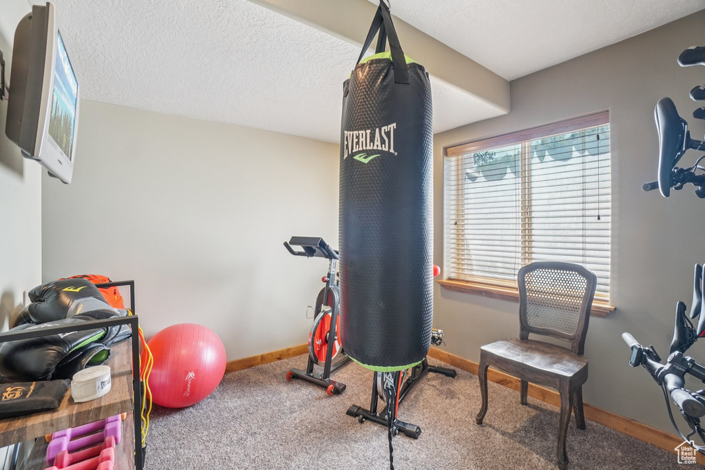 Workout area featuring carpet and baseboards