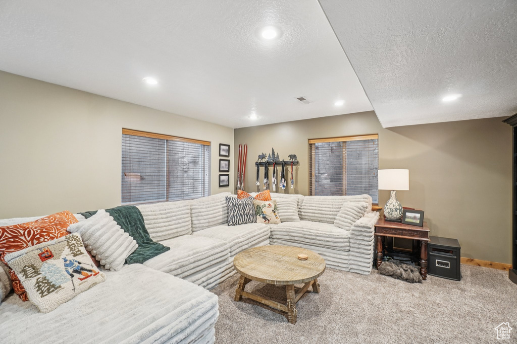 Carpeted living room featuring recessed lighting and a textured ceiling