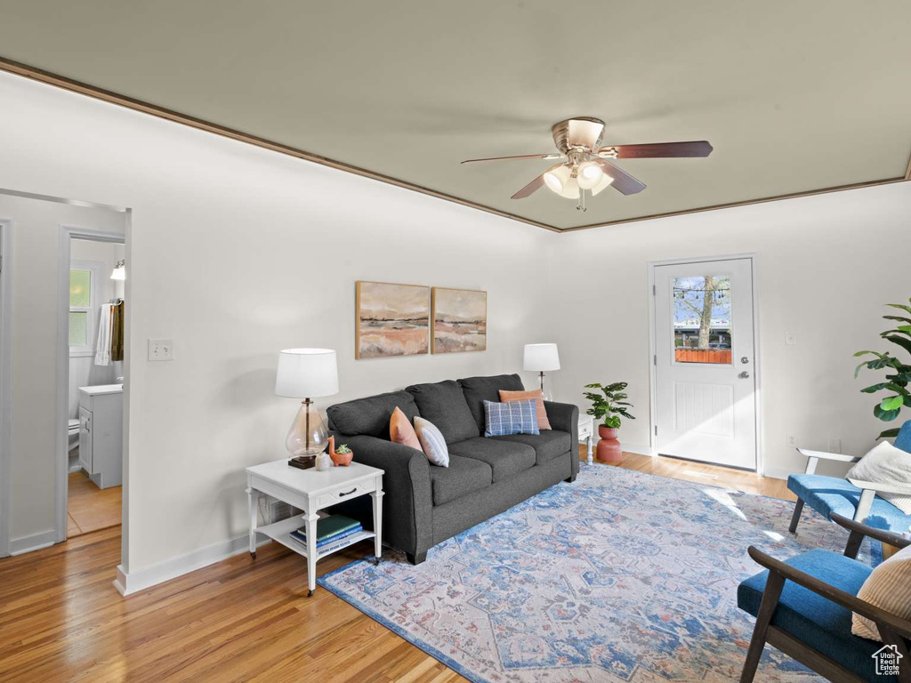 Living room with a ceiling fan, baseboards, and light wood-type flooring