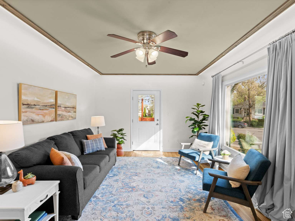 Living area featuring baseboards, ceiling fan, and wood finished floors