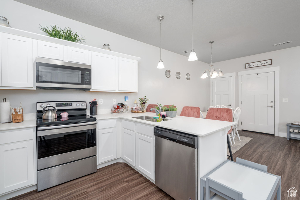 Kitchen with a peninsula, light countertops, a sink, dark wood finished floors, and stainless steel appliances