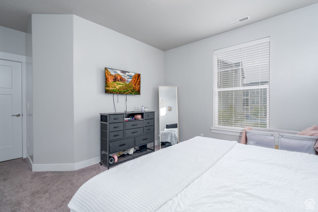 Carpeted bedroom with baseboards and visible vents