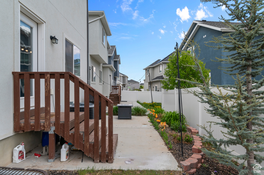 Exterior space featuring a fenced backyard and a residential view