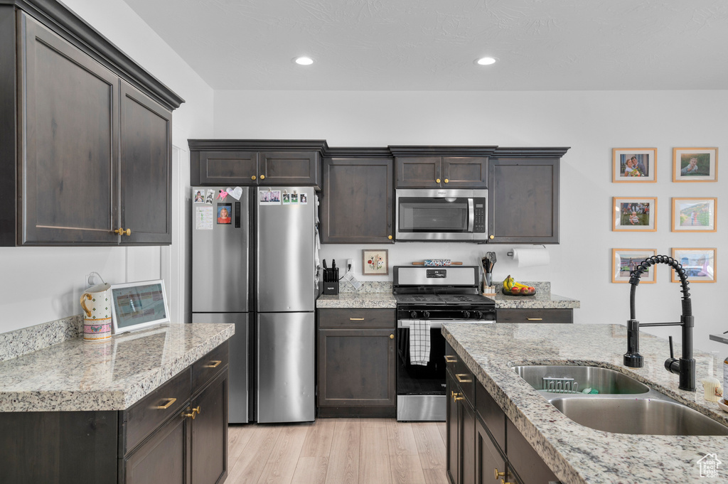 Kitchen with a sink, stainless steel appliances, recessed lighting, and light wood-style flooring