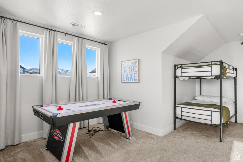 Game room with baseboards, carpet flooring, and visible vents