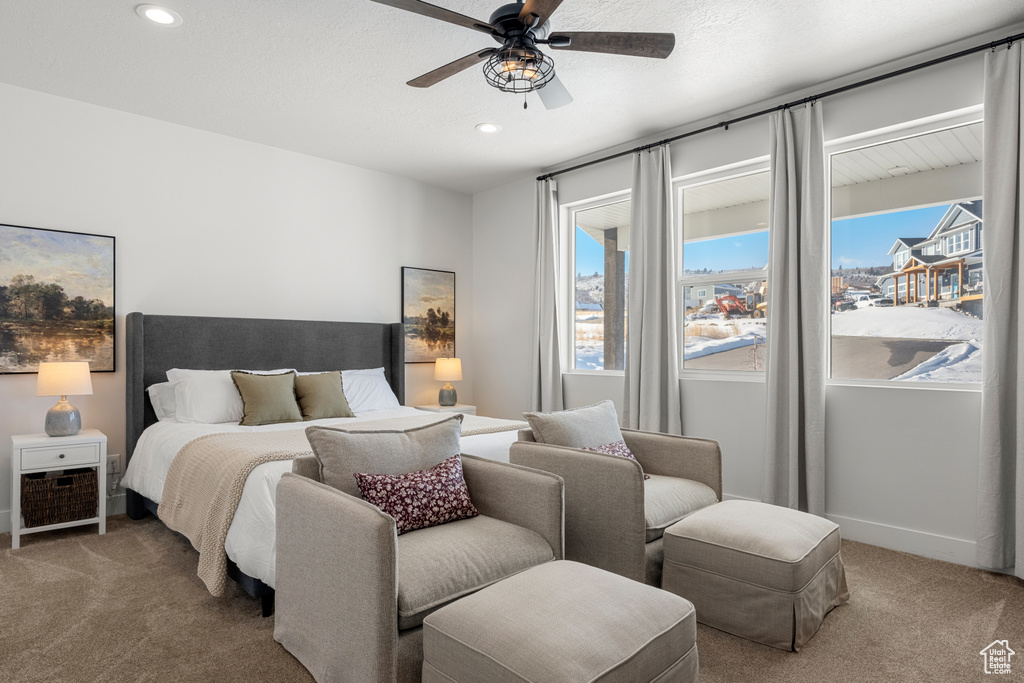 Bedroom with carpet floors, recessed lighting, and a ceiling fan