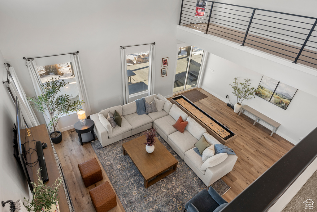 Living area featuring plenty of natural light, baseboards, a high ceiling, and wood finished floors