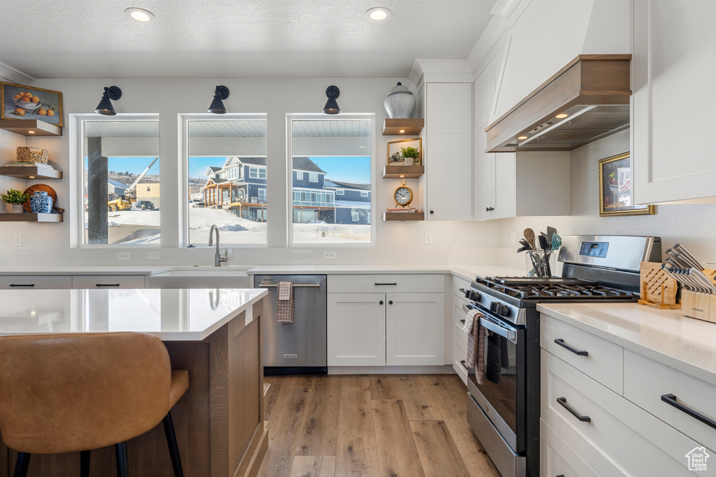 Kitchen with appliances with stainless steel finishes, open shelves, a sink, custom exhaust hood, and light wood-style floors