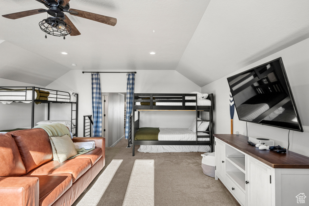Bedroom with recessed lighting, vaulted ceiling, and carpet