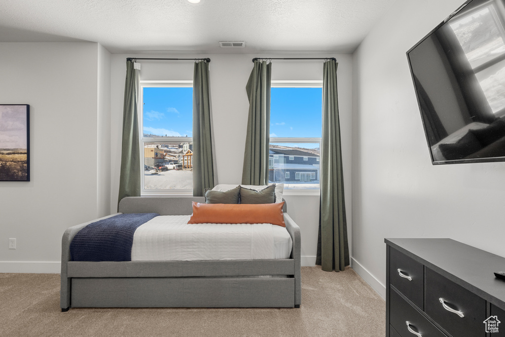 Bedroom featuring baseboards, light carpet, and visible vents