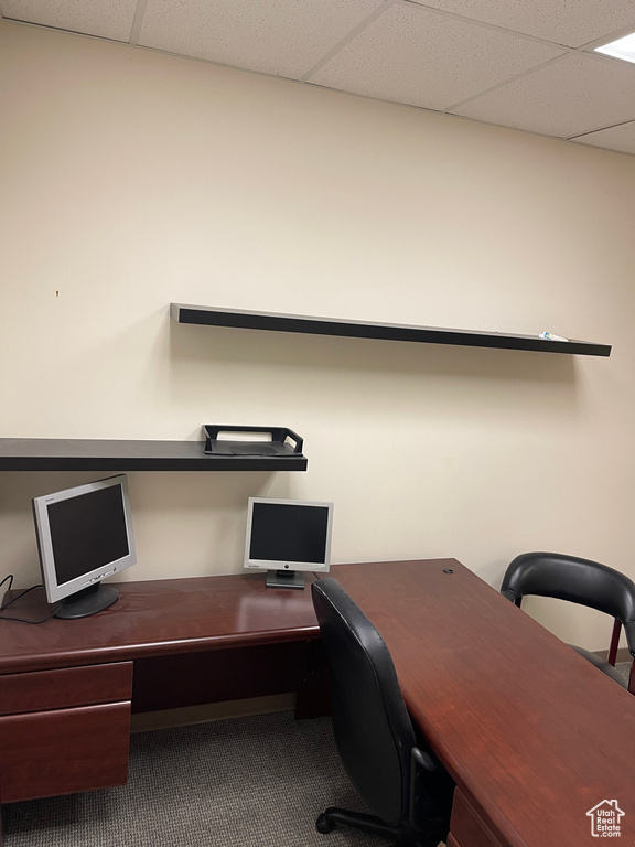 Carpeted office space with a drop ceiling