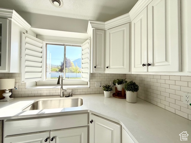 Kitchen with a sink, tasteful backsplash, and white cabinetry